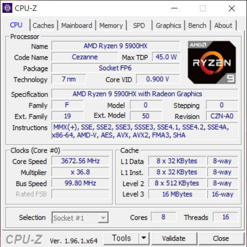 먼저 CPU 정보를 살펴보자. 8코어 16스레드의 AMD 라이젠 9 5900HX가 탑재됐다. 7nm 공정으로 제작되었으며, TDP는 45W다.
