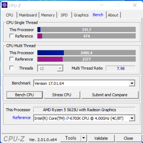 CPU-Z에서 싱글 스레드 점수는 311.7점, 멀티 스레드 점수는 2,486.4점이었다.