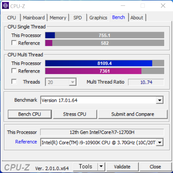 CPU-Z 벤치마크에서 싱글 스레드 점수는 755.1점, 멀티 스레드 점수는 8,109.4점으로 나타났다.